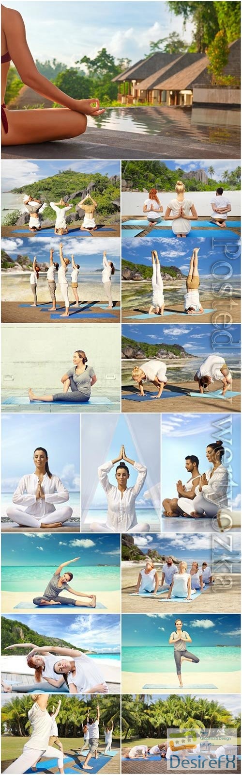 Yoga class in nature by the sea stock photo