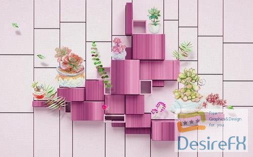 3D Pink wood grain mosaic potted plant meat lot background wall
