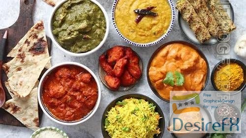 Assorted Indian Various Food with Spices Rice and Fresh Vegetables