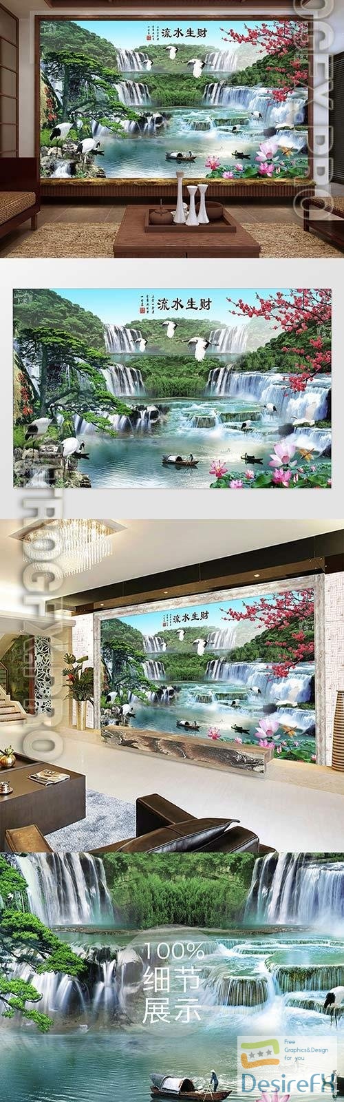 Beautiful freehand scenery landscape water and wealth tv background wall