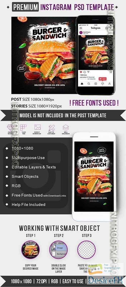 Burger &amp; Sandwich Instagram Post and Story Template PSD