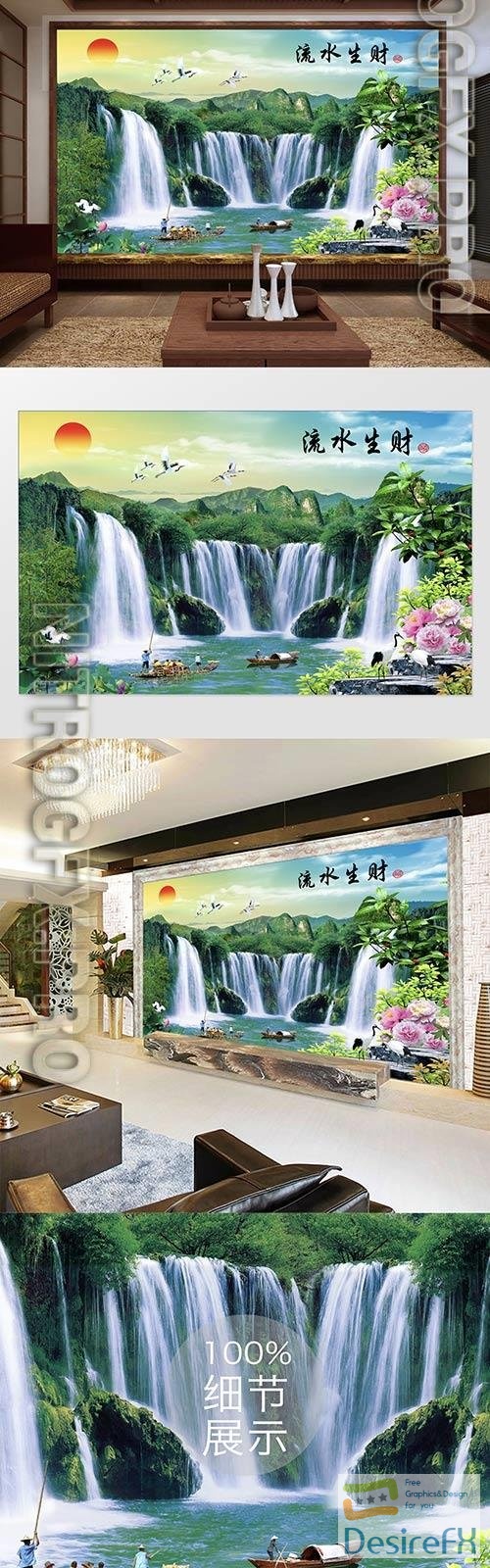 Chinese style water and wealthy white crane fisherman waterfall tv background wall