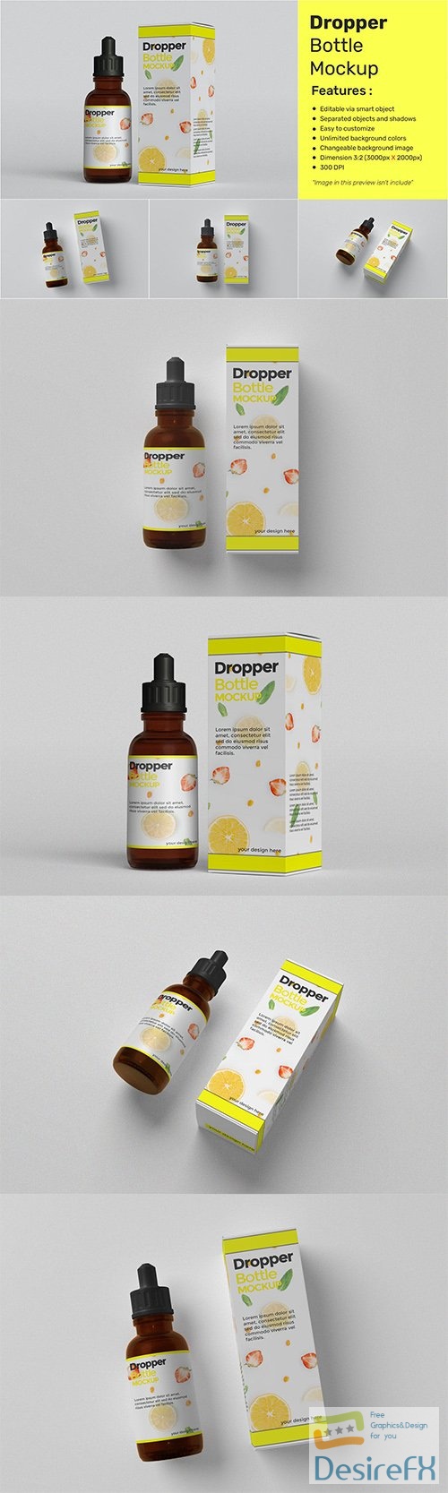Drop Bottle Mockup with Box Package FHQM7U2 PSD
