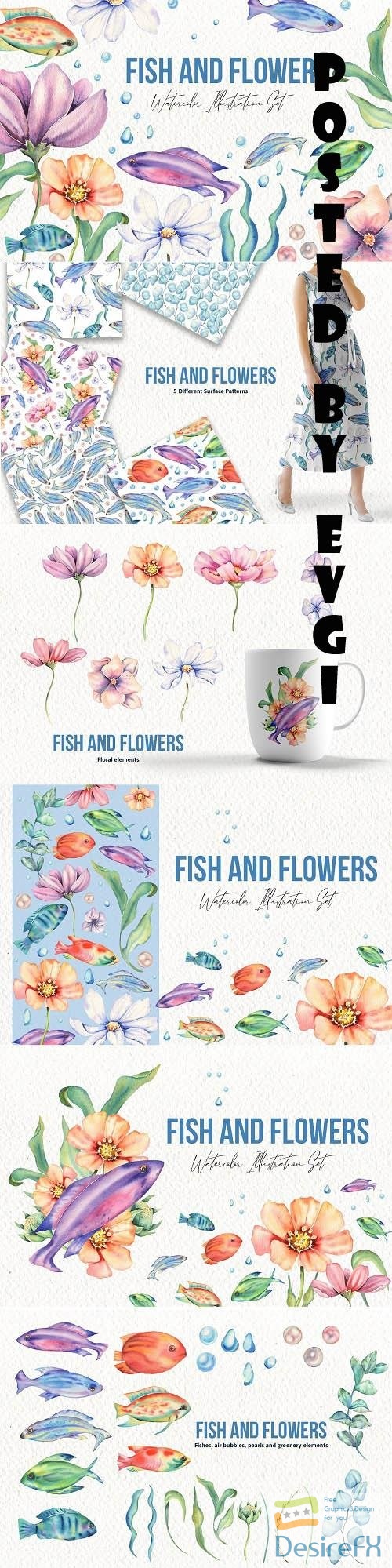 Fishes and Flowers Illustration Set - 6364609