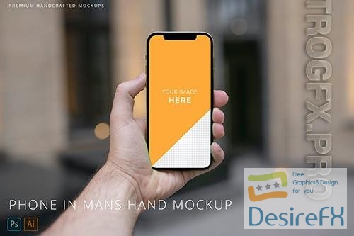 iPhone 12 Pro in Mans Hand Mockup with Bokeh PFZLUGP