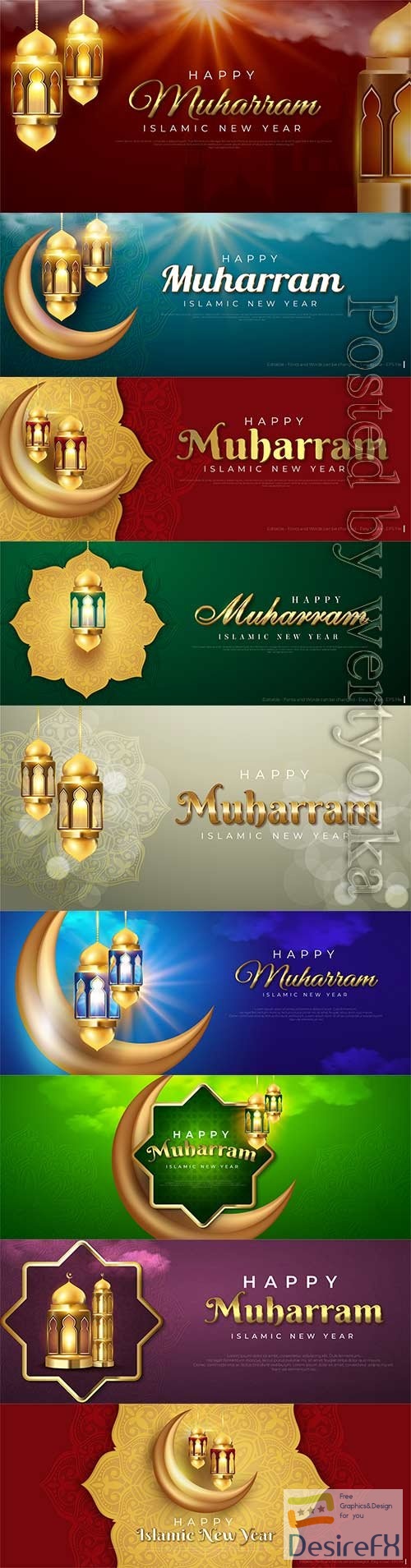 Islamic new year happy muharram celebration banner with islamic golden lantern
