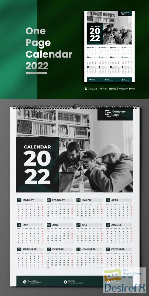 One Page Calendar 2022 - A3 Vector Design Template