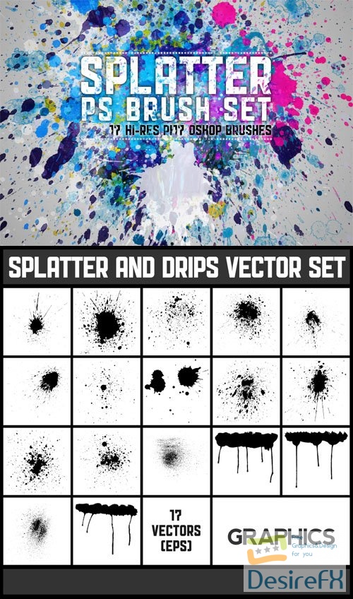 Paint Splatters and Drips Photoshop Brushes + Highly Detailed Vectors Set
