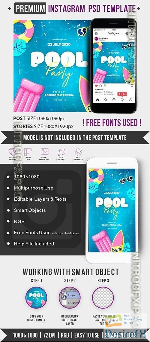 Pool Party Instagram Post and Story Template  PSD