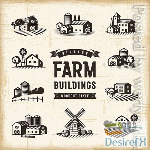 Vintage Farm Buildings Set