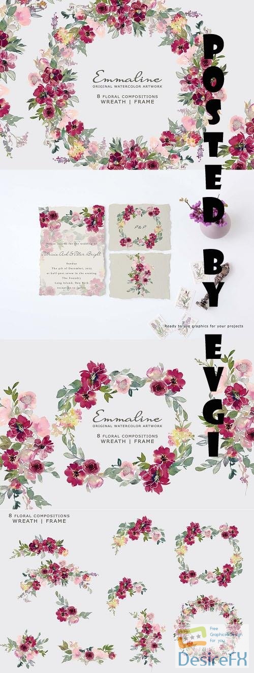 Watercolor Burgundy Floral Clipart - 6430727
