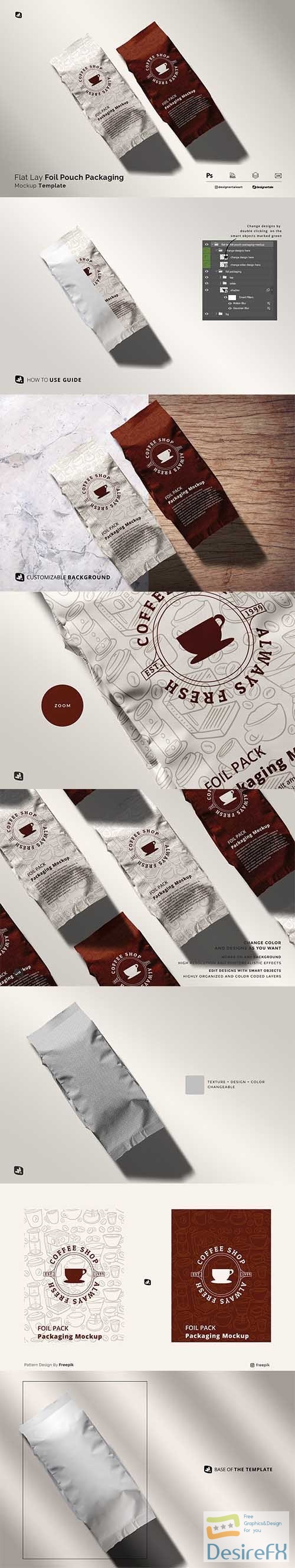 CreativeMarket - Flat Lay Foil Pouch Packaging Mockup 6276345