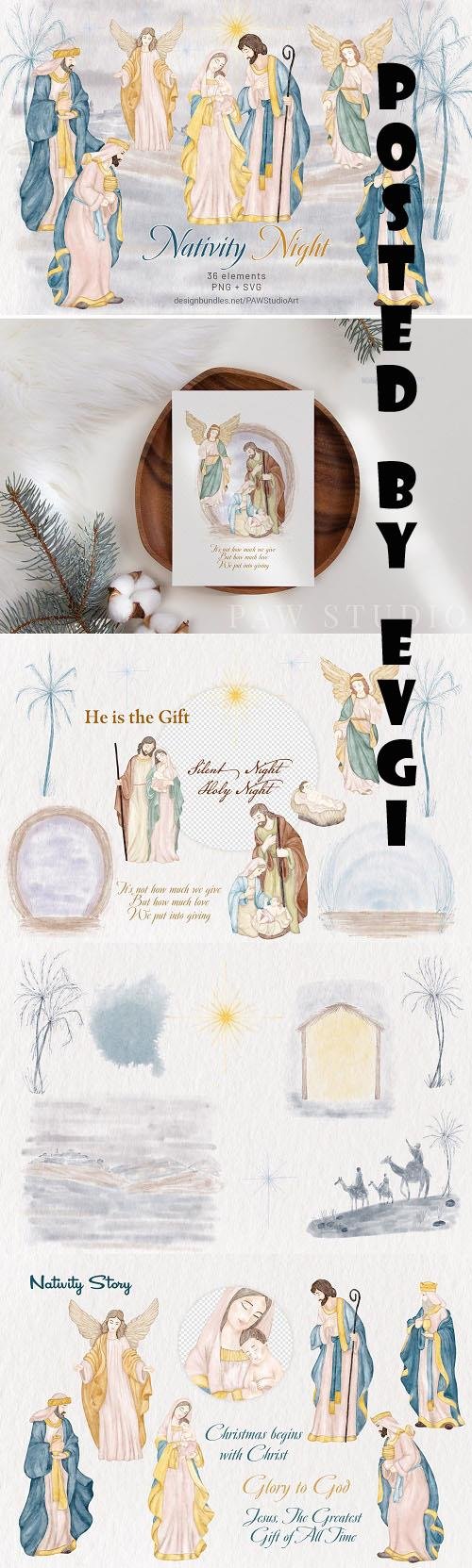 Religious Christmas Nativity Watercolor Clipart - 1569926