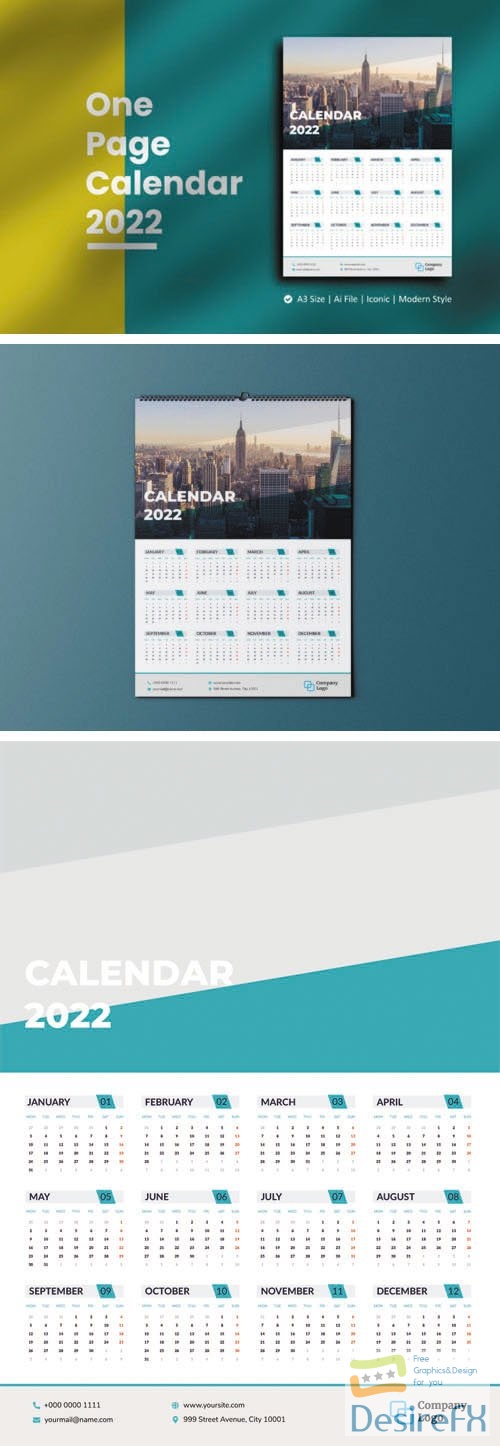 2022 One Page Wall Calendar Vector A3 Template