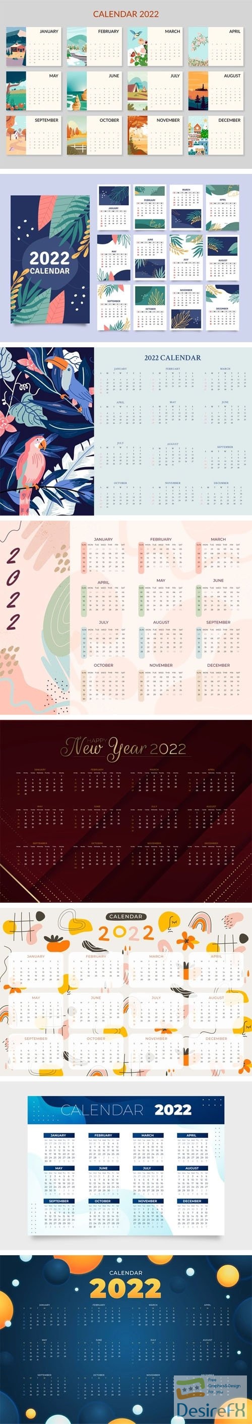 8 Calendars for New Year 2022 Vector Design Templates
