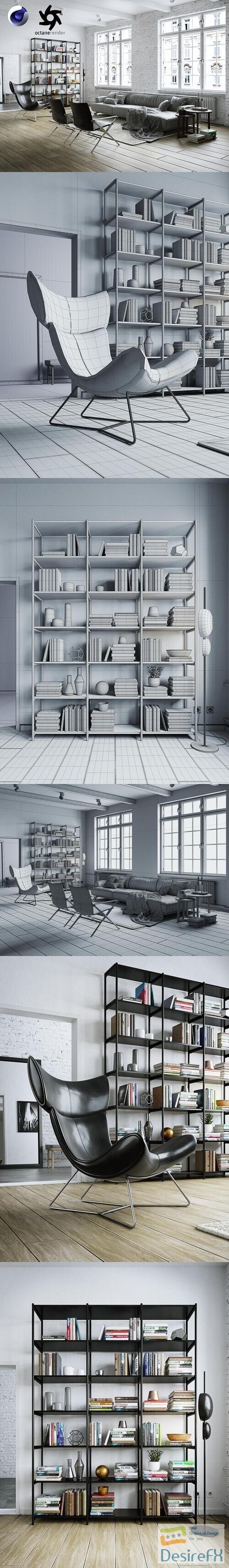 Living Room Interior 3D Scene-3 for Cinema 4D and Octane Render