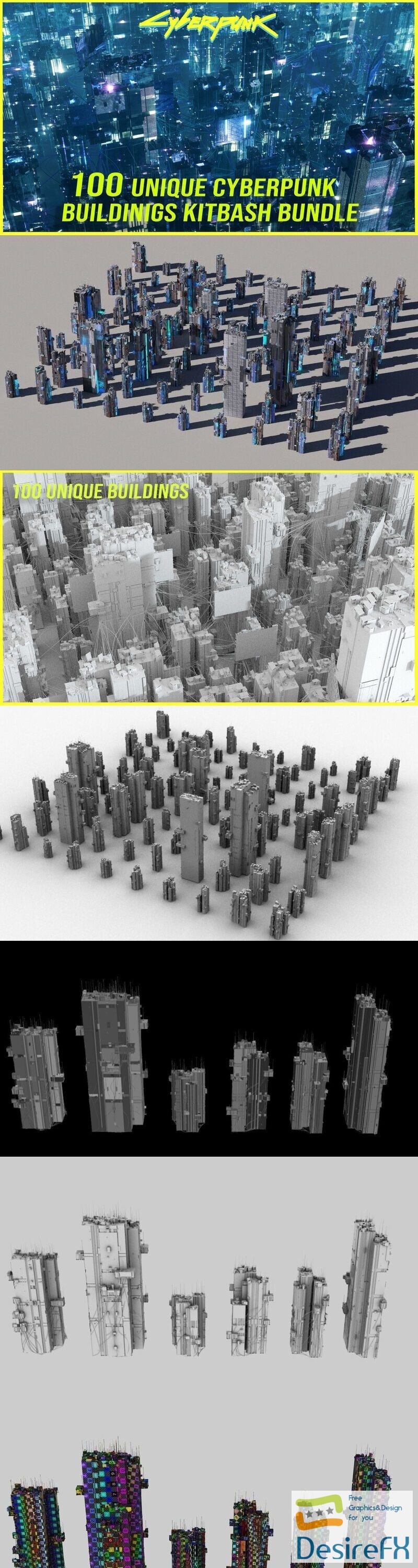 100 Unique Cyberpunk Sci fi City Buildings 3D Model