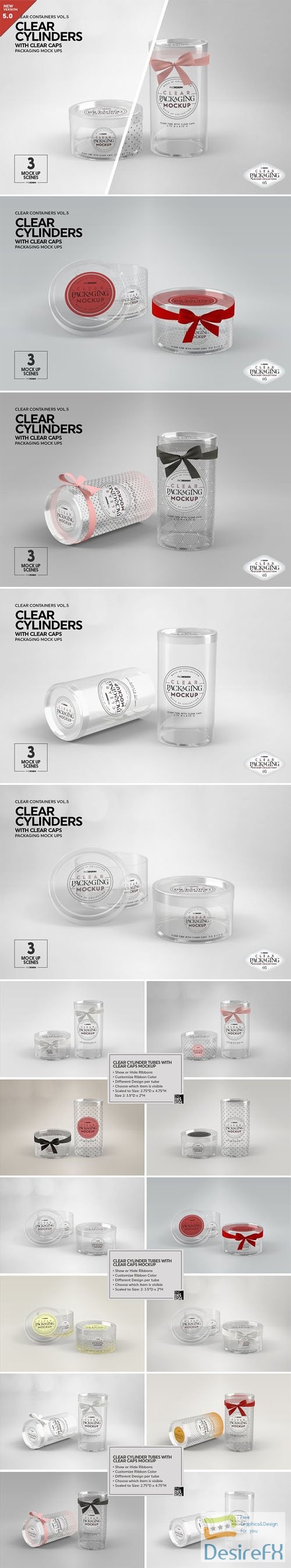 Clear Cylinders with Clear Caps Packaging PSD Mockups Templates