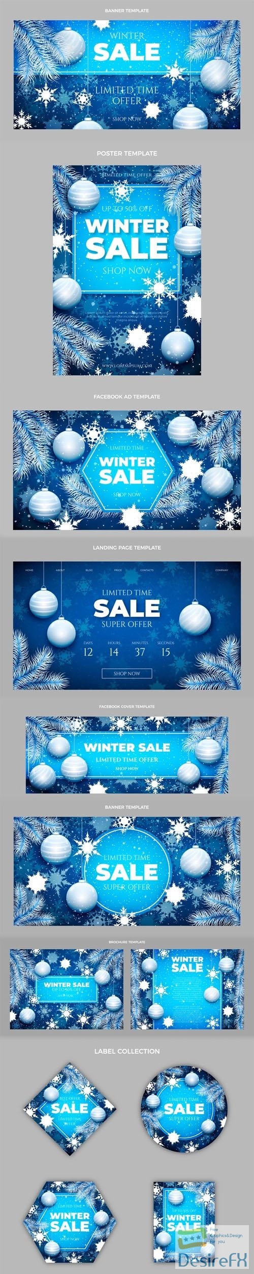 Realistic Winter Sales Vector Templates Collection