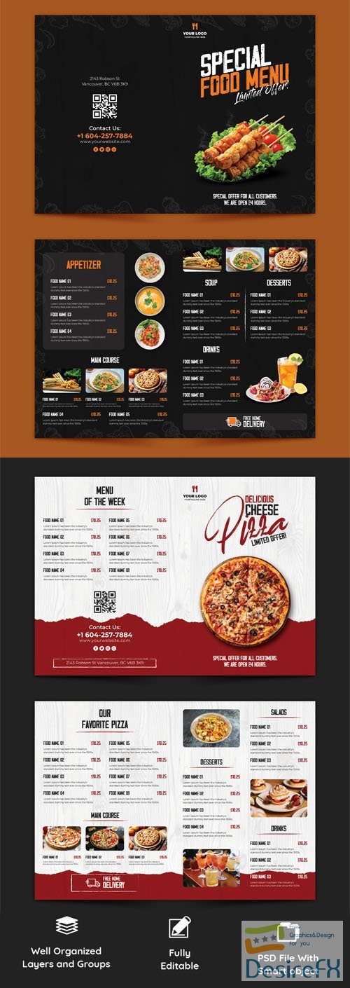 Restaurant Menu Bi-Fold Brochures PSD Templates