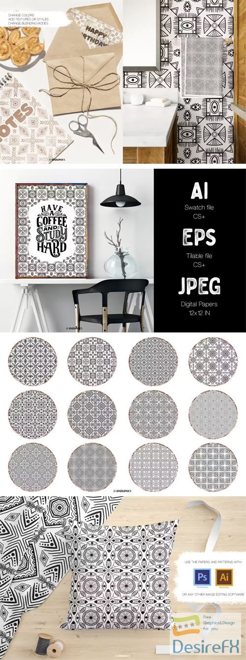 B&amp;W Hand Drawn Patterns &amp; Digital Papers Set - 12 Vector Patterns