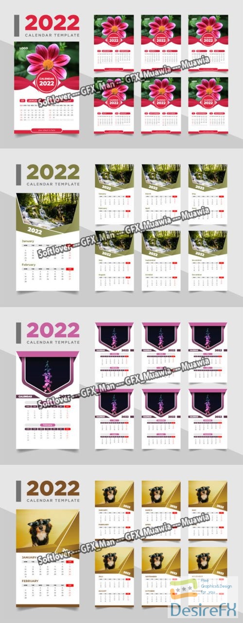 Creative 2022 Wall Calendars 12 Months - 4 Vector Templates