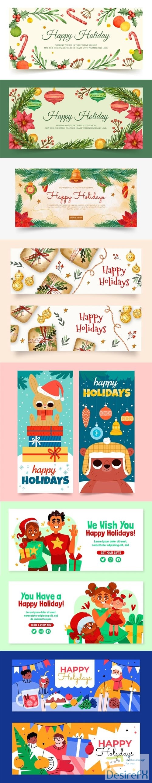 Hand Drawn Happy Holidays Banners Collection Vol.2 - 8 Vector Templates