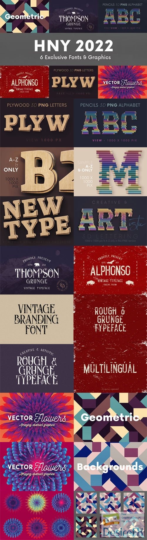 New Year 2022 Design Resources Collection Vol.2 - 6 Exclusive Fonts &amp; Graphics