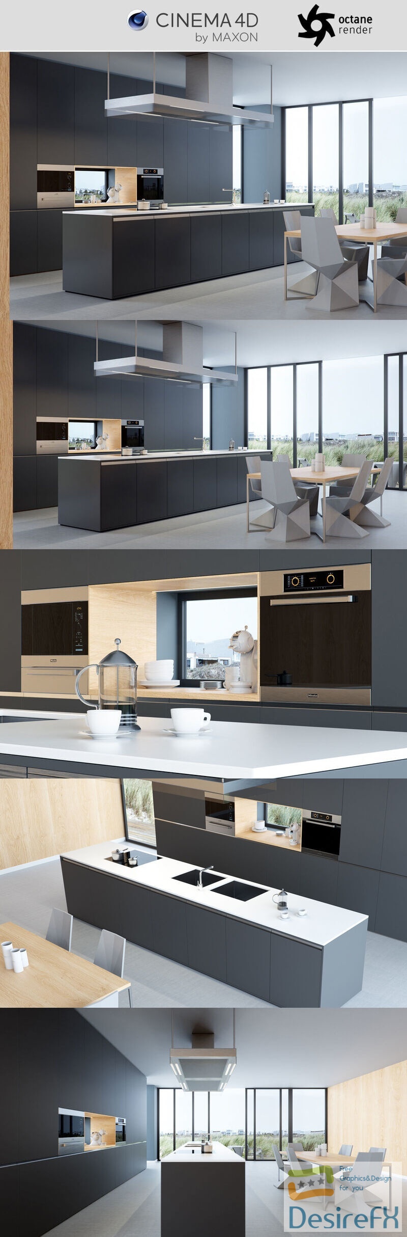 Octane - C4D  Minimalist Kitchen Interior Scene 3D Model