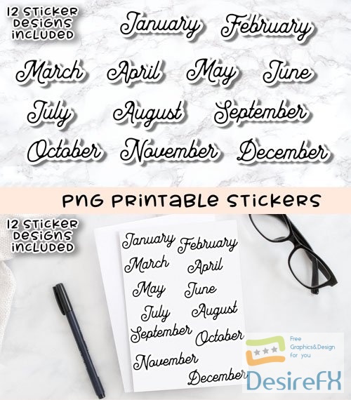 Printable PNG Months Planner Stickers Collection