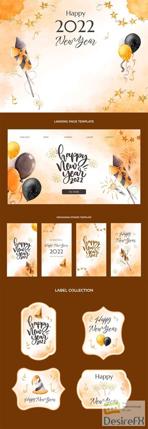 Realistic Watercolor Happy New Year 2022 Vector Templates Collection