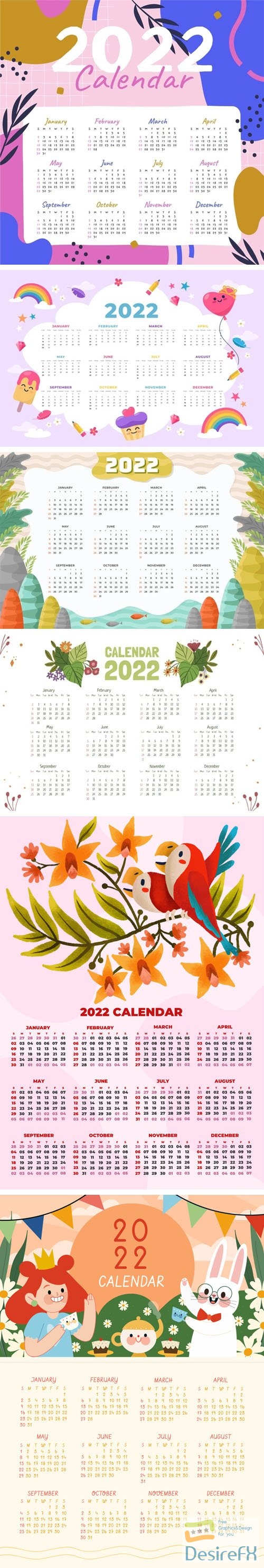 Watercolor Hand Drawn 2022 Calendars Collection - 6 Vector Templates