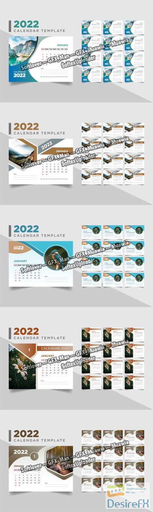 5 Desk Calendars for 2022 Vector Templates Collection 12-Months