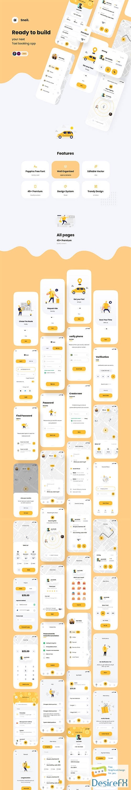 Snail Taxi booking app UI Kit UI8