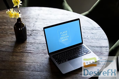 Laptop Mockup At Wooden Table for UI UX Showcase PSD
