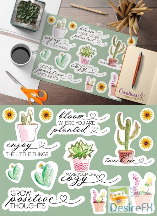 Cute Printable Stickers - Flowers and Phrases Vector Templates