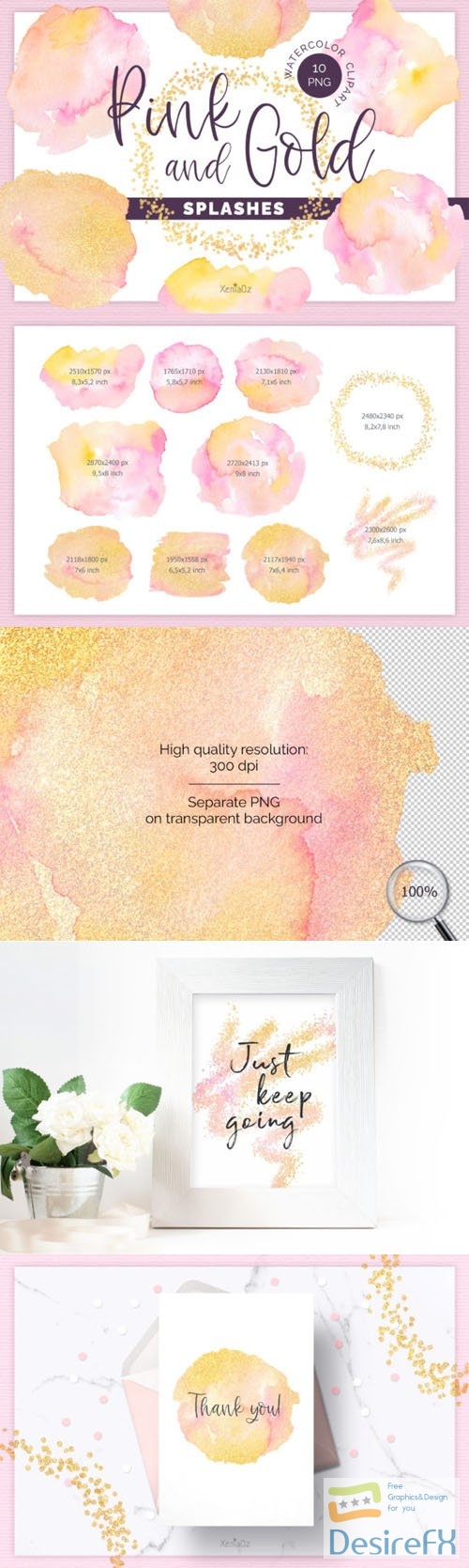 Pink & Gold Splashes - 10 Watercolor Cliparts