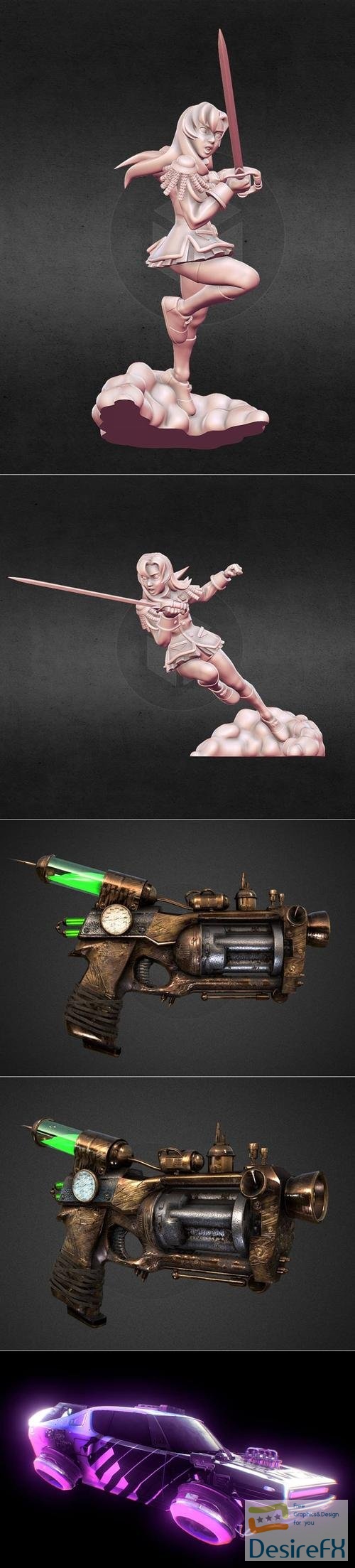 Revolutionary Girl Utena and Pistola Steampunk ii Gun and Retro Futuristic Car – 3D Print