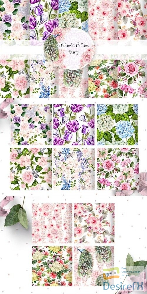 10 Hand Drawn Watercolor patterns