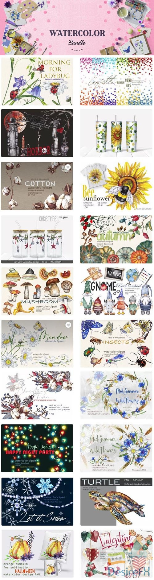 Watercolor Bundle - 20 Wonderful Designs in PNG