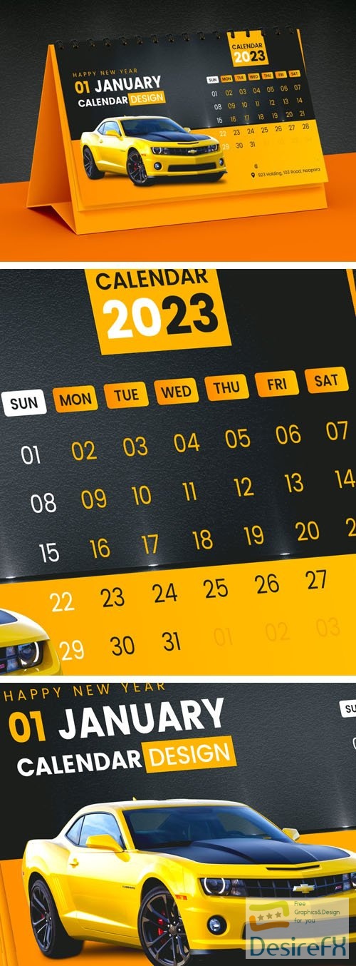 Black and Yellow Desk Calendar PSD Mockup Template