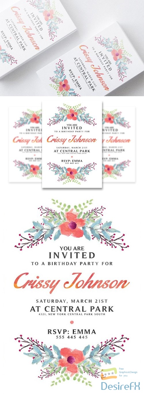 Hand Painted Watercolor Wedding Invitation PSD Template