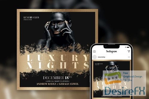 Black and Gold Luxury Nights Instagram Post Template PSD