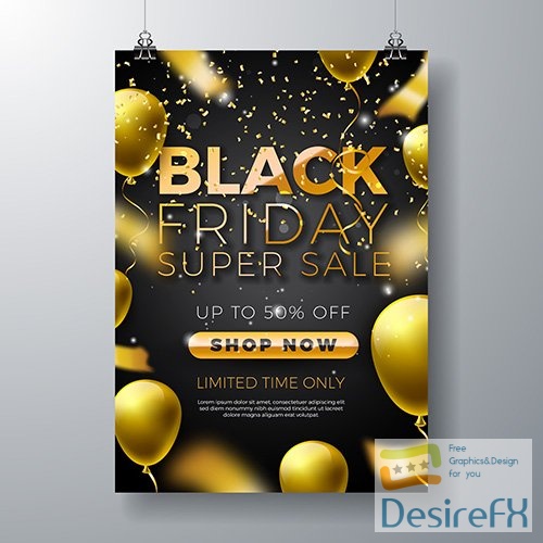 Black friday sale illustration with golden lettering and party balloon on dark background
