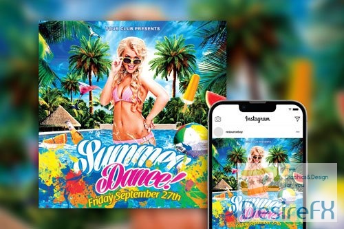 Colorful Tropical Splash Summer Pool Party Instagram Post Template
