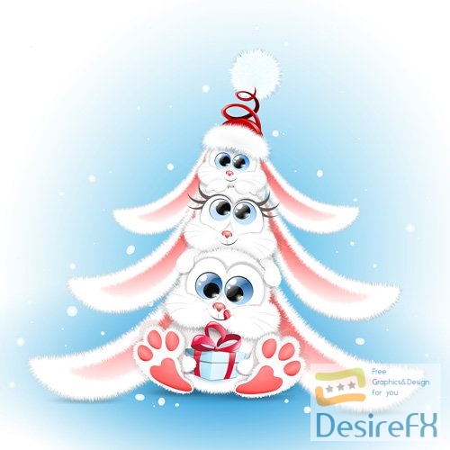 Cute fluffy cartoon white rabbit family sitting one on each other in christmas tree shape