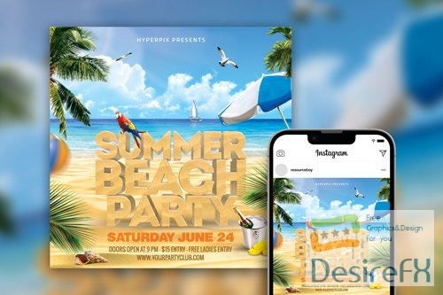 Gorgeous Topical Summer Beach Party Instagram Post Template Beautiful PSD