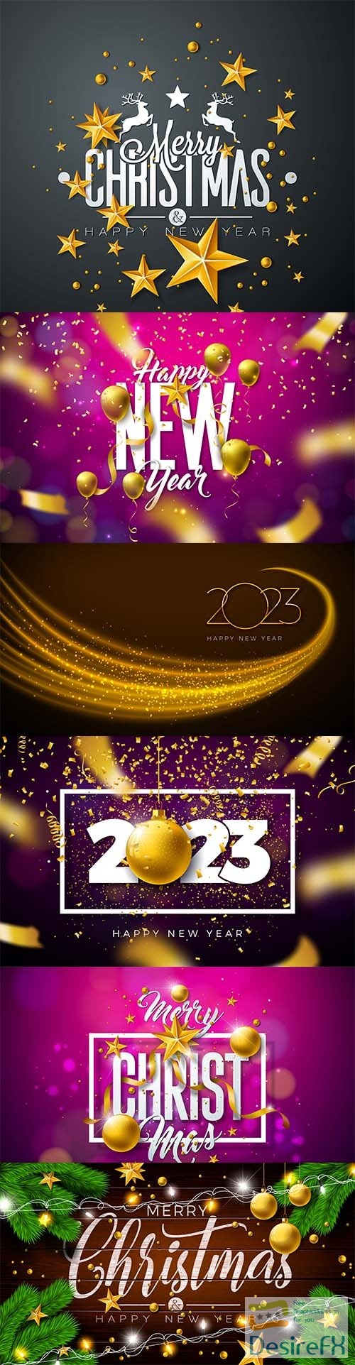 Merry christmas and happy new year illustration with gold glass ball, star and light garland
