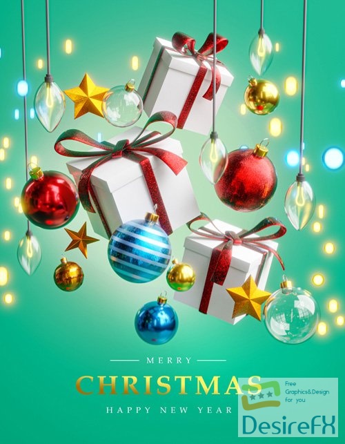 Merry christmas card poster template, hanging box, gift christmas ball, christmas lights bokeh, stars