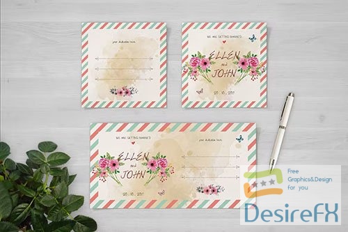 Postcard Floral Wedding Square Flyer and Invite PSD